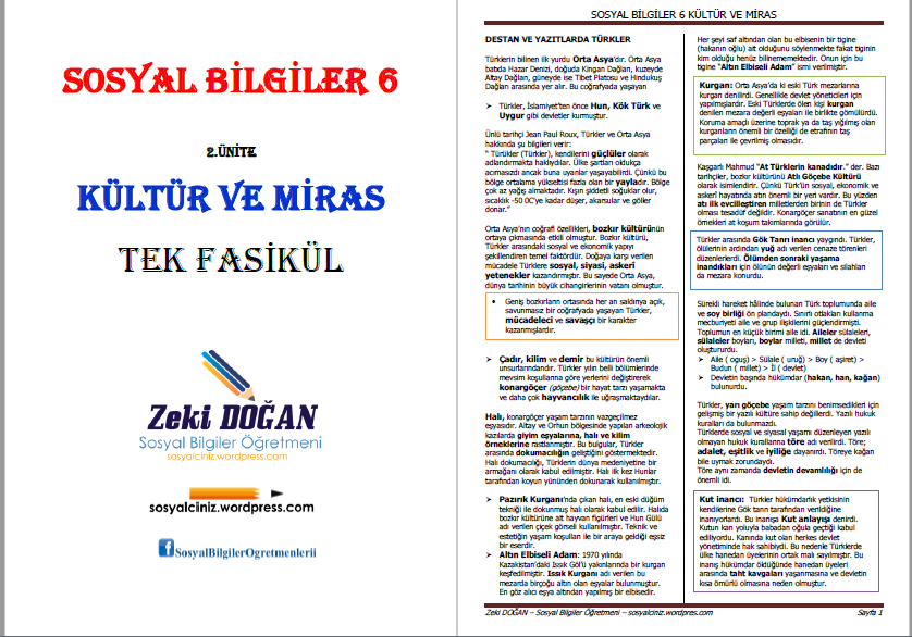 6. Sınıf Sosyal Bilgiler Kültür ve Miras Ünitesi Ders Notları Tek Fasikül