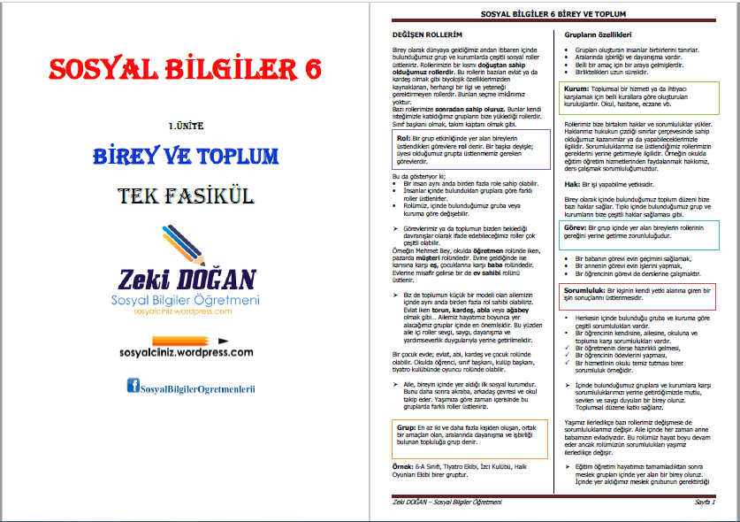 6. Sınıf Sosyal Bilgiler Birey ve Toplum Ünitesi Tek Fasikül