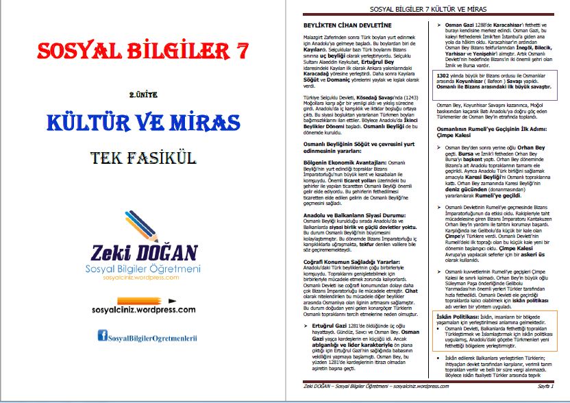 7. Sınıf Sosyal Bilgiler Kültür ve Miras Ünitesi Ders Notları Tek Fasikül