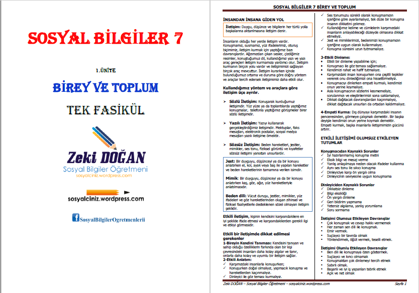 7. Sınıf Sosyal Bilgiler Birey ve Toplum Ünitesi Tek Fasikül