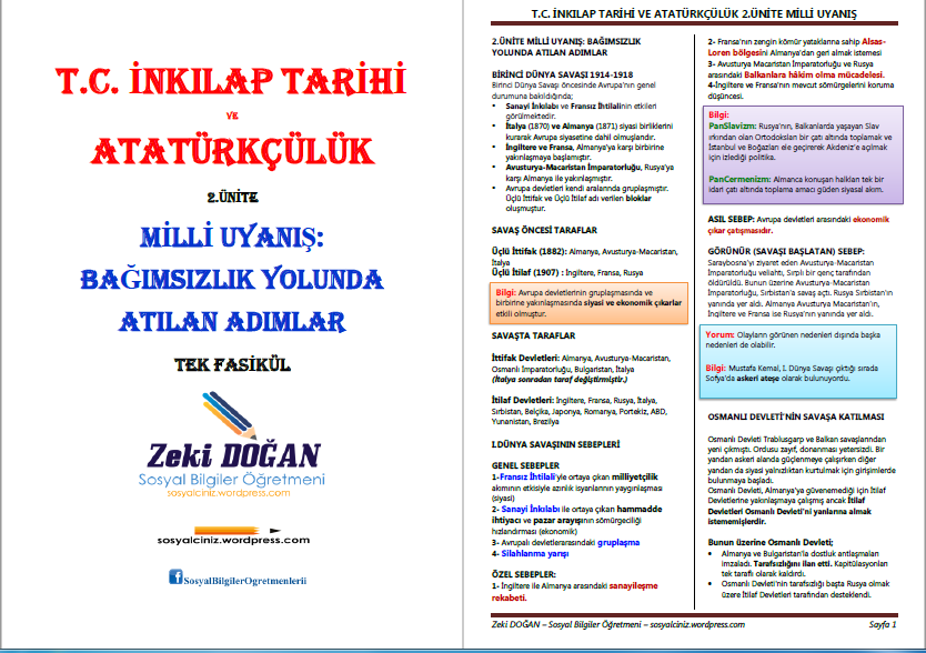 8. Sınıf T.C. İnkılap Tarihi 2.Ünite Milli Uyanış Ders Notu Tek Fasikül (Yeni Müfredat)