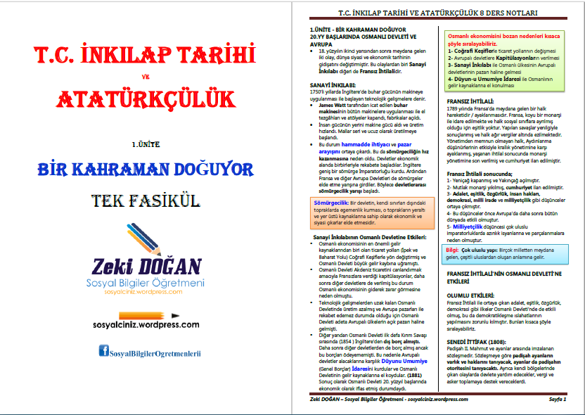 T. C. İnkılap Tarihi Yeni Müfredat Bir Kahraman Doğuyor Tek Fasikül