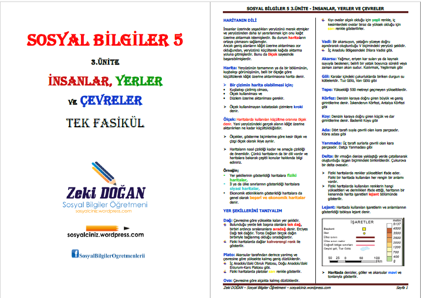 5. Sınıf Sosyal Bilgiler 3.Ünite İnsanlar, Yerler ve Çevreler Tek Fasikül