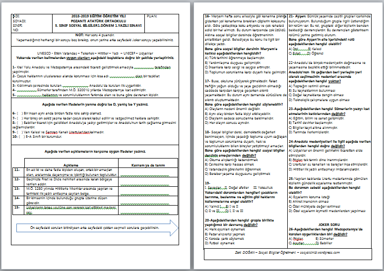2018-2019 5.Sınıf Sosyal Bilgiler 1.Dönem 1.Yazılı Sınavı
