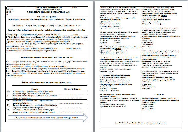 2018-2019 7. Sınıf Sosyal Bilgiler 1.Dönem 1.Yazılı Sınavı