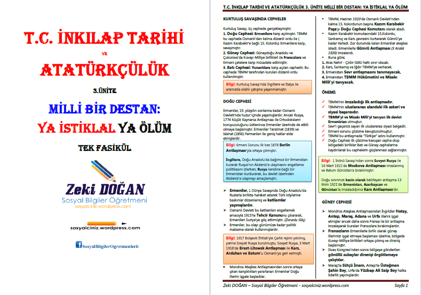 T.C. İnkılap Tarihi ve Atatürkçülük 3.Ünite Ya İstiklal Ya Ölüm Tek Fasikül