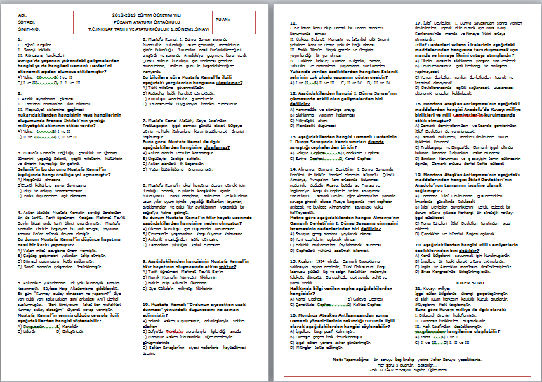2018-2019 8. Sınıf T.C. İnkılap Tarihi ve Atatürkçülük 1.Dönem 1.Yazılı Sınavı