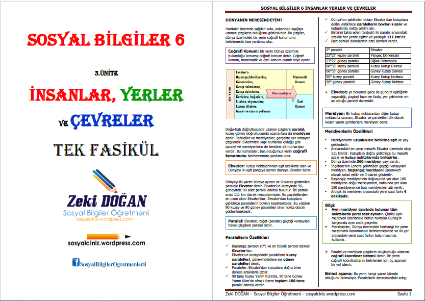 6. Sınıf Sosyal Bilgiler 3.Ünite İnsanlar Yerler ve Çevreler Tek Fasikül