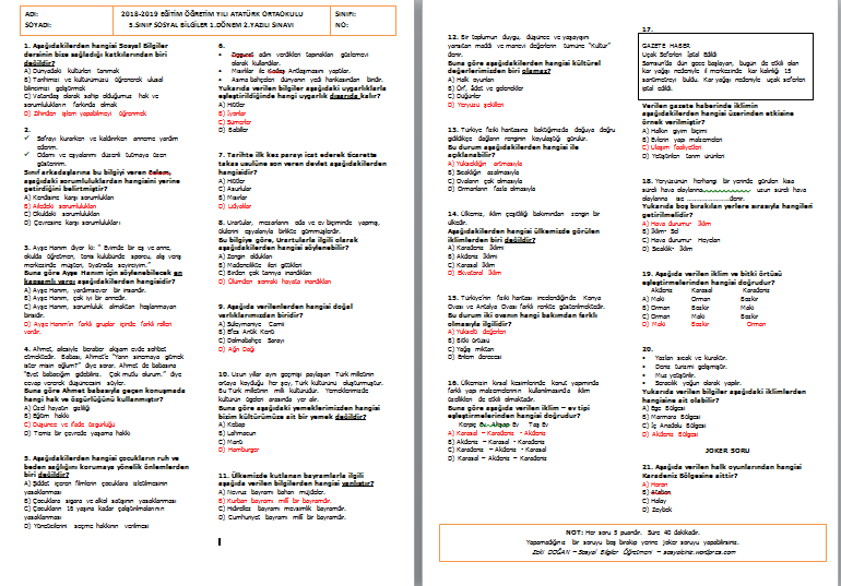 2018-2019 5.Sınıf Sosyal Bilgiler 1. Dönem 2. Yazılı Sınavı
