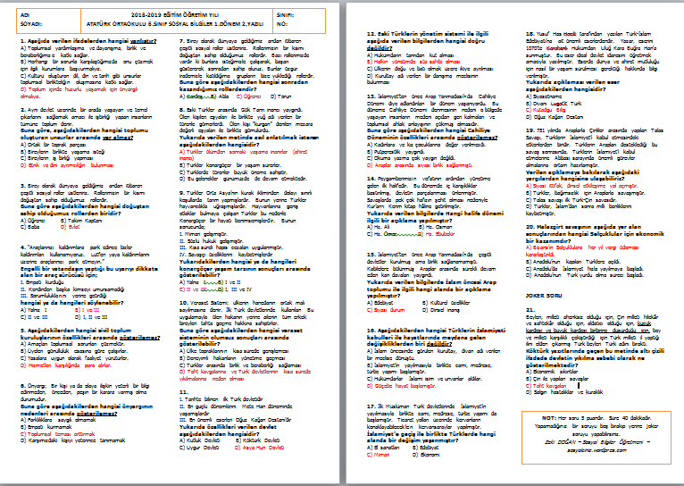 2018-2019 6.Sınıf Sosyal Bilgiler 1. Dönem 2. Yazılı Sınavı