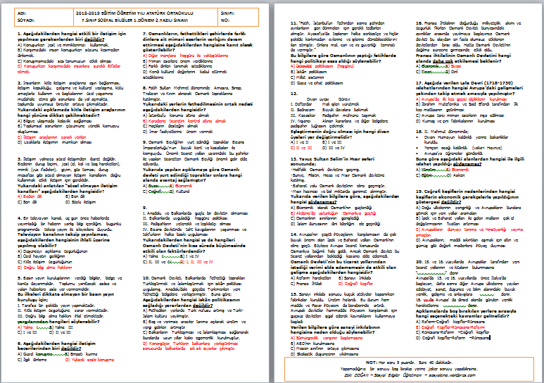 2018-2019 7.Sınıf Sosyal Bilgiler 1. Dönem 2. Yazılı Sınavı