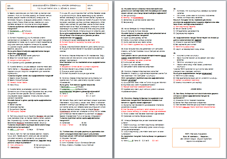 2018-2019 T.C. İnkılap Tarihi 8 1.Dönem 2. Yazılı Sınavı
