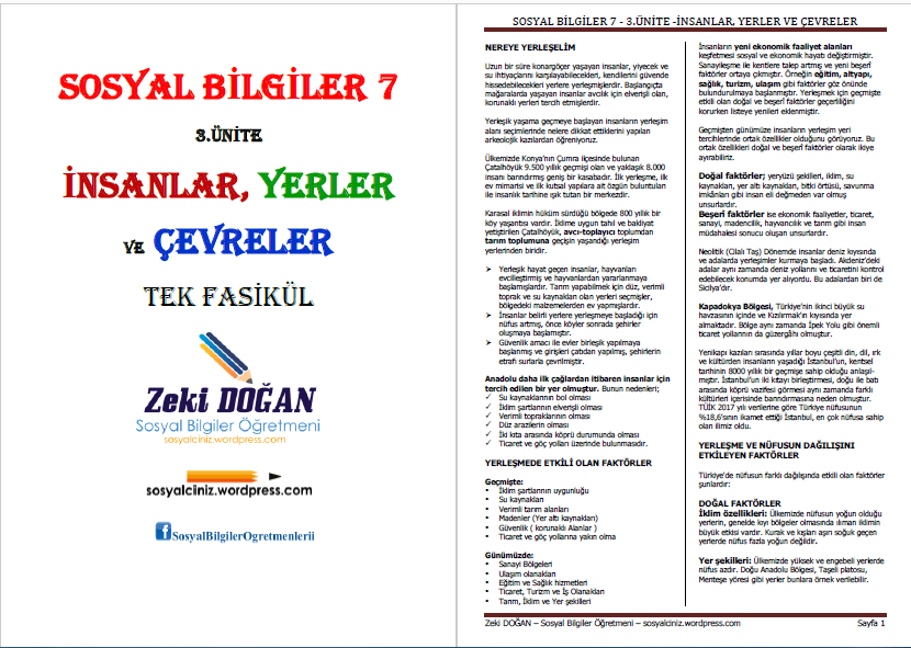 7. Sınıf Sosyal Bilgiler 3.Ünite İnsanlar, Yerler ve Çevreler Tek Fasikül