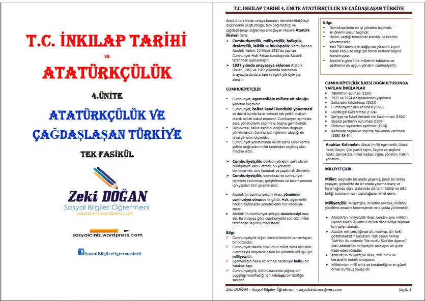 T.C. İnkılap Tarihi ve Atatürkçülük 4.Ünite Atatürkçülük ve Çağdaşlaşan Türkiye Tek Fasikül
