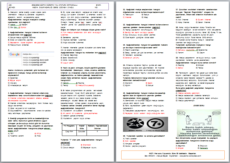2018-2019 Medya Okuryazarlığı 1. Dönem 2. Yazılı Sınavı