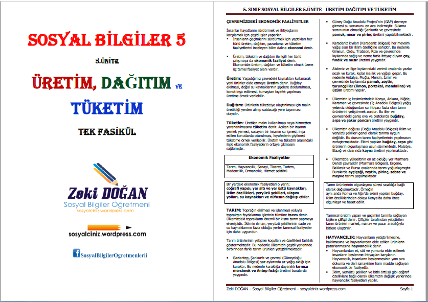 5. Sınıf Sosyal Bilgiler 5.Ünite Üretim, Dağıtım ve Tüketim Ders Notu