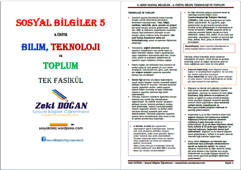 5.Sınıf Sosyal Bilgiler 4 Ünite-Bilim, Teknoloji ve Toplum Tek Fasikül