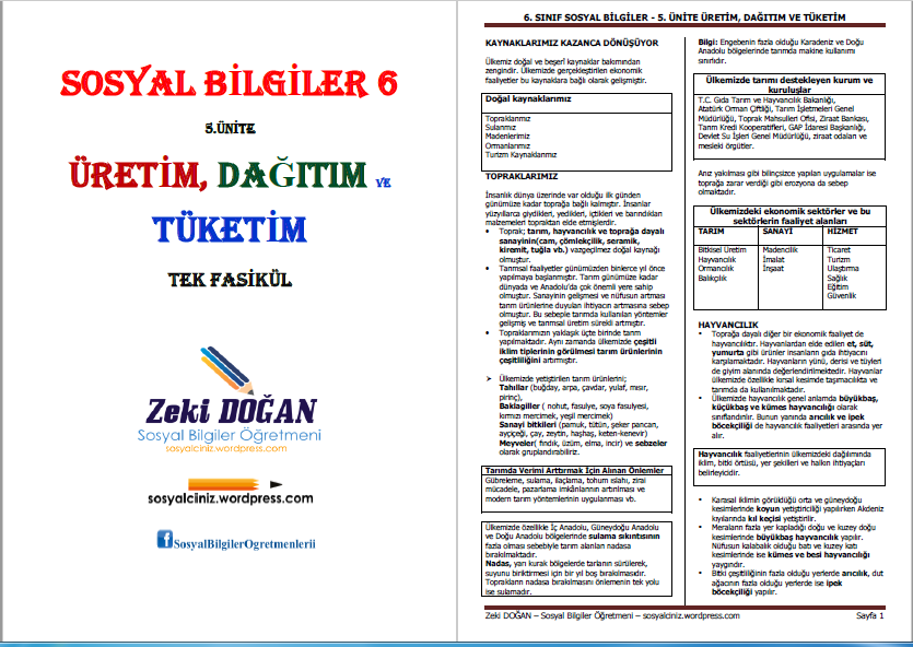 6. Sınıf Sosyal Bilgiler 5.Ünite Üretim, Dağıtım ve Tüketim Ders Notu
