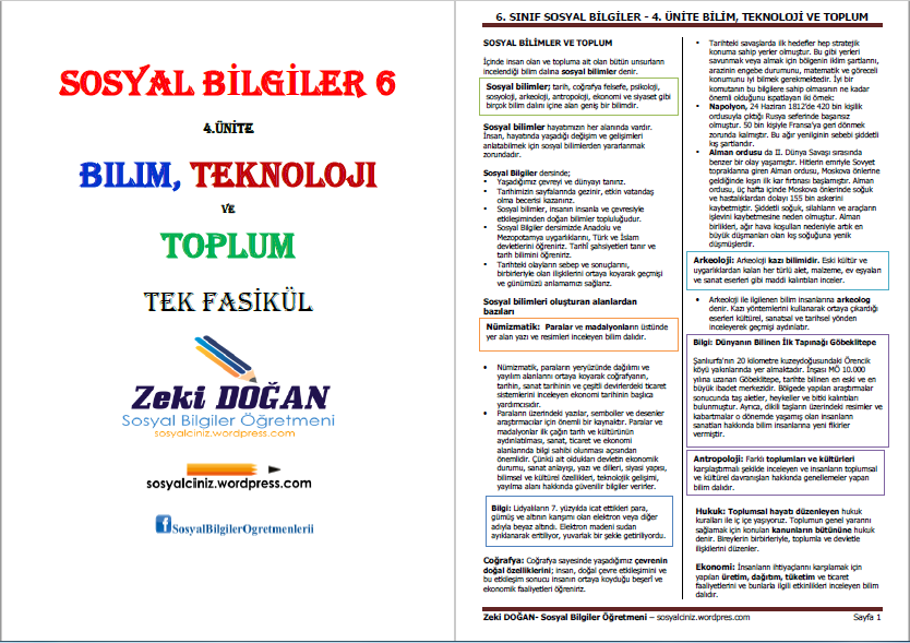 6.Sınıf Sosyal Bilgiler 4 Ünite-Bilim, Teknoloji ve Toplum Tek Fasikül
