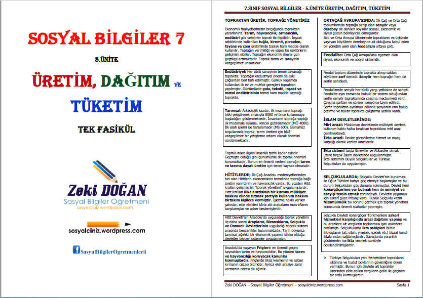 7. Sınıf Sosyal Bilgiler 5.Ünite Üretim, Dağıtım ve Tüketim Ders Notu