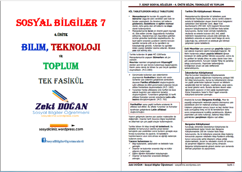 7.Sınıf Sosyal Bilgiler 4 Ünite-Bilim, Teknoloji ve Toplum Tek Fasikül
