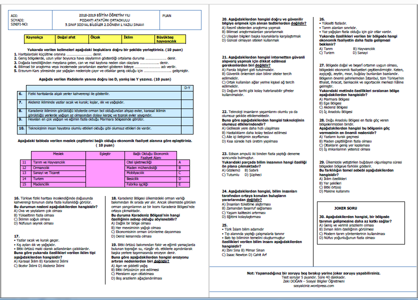 2018-2019 5. Sınıf Sosyal Bilgiler 2.Dönem 1.Yazılı Sınavı