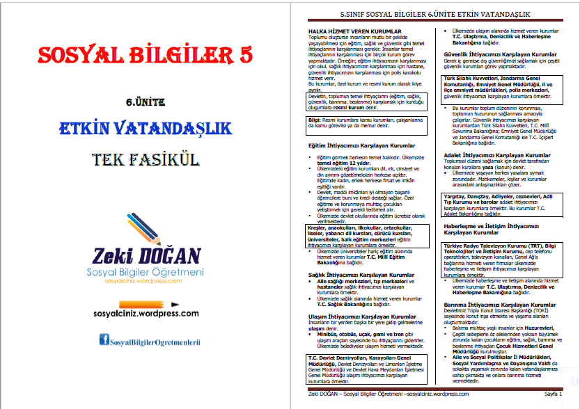 5.Sınıf Sosyal Bilgiler 6.Ünite Etkin Vatandaşlık Tek Fasikül