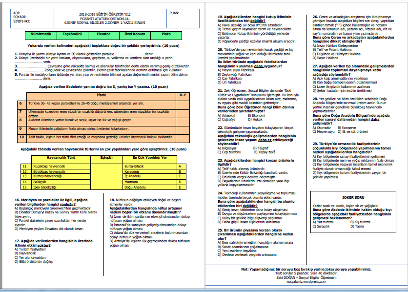 2018-2019 6. Sınıf Sosyal Bilgiler 2.Dönem 1.Yazılı Sınavı