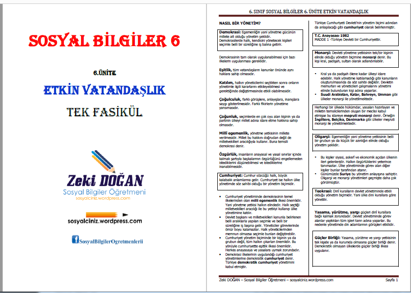 6.Sınıf Sosyal Bilgiler 6.Ünite Etkin Vatandaşlık Tek Fasikül