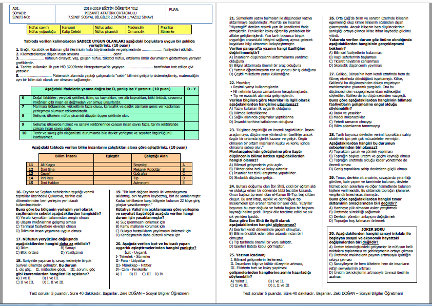 2018-2019 7. Sınıf Sosyal Bilgiler 2.Dönem 1.Yazılı Sınavı
