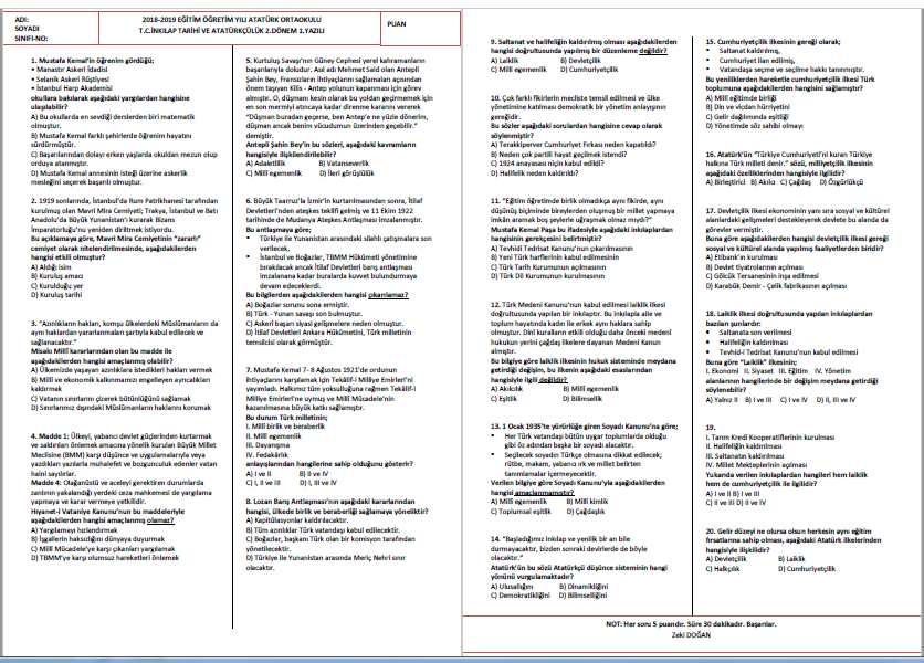 2018-2019 8. Sınıf T.C. İnkılap Tarihi ve A. 2.Dönem 1.Yazılı Sınavı