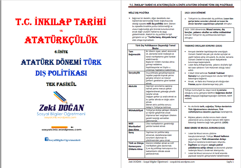 8. Sınıf T.C. İnkılap Tarihi 6.Ünite Dış Politika Tek Fasikül