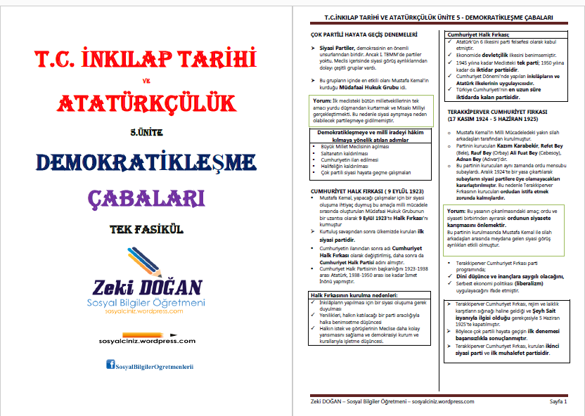 T.C. İnkılap Tarihi 5. Ünite Demokratikleşme Çabaları Tek Fasikül
