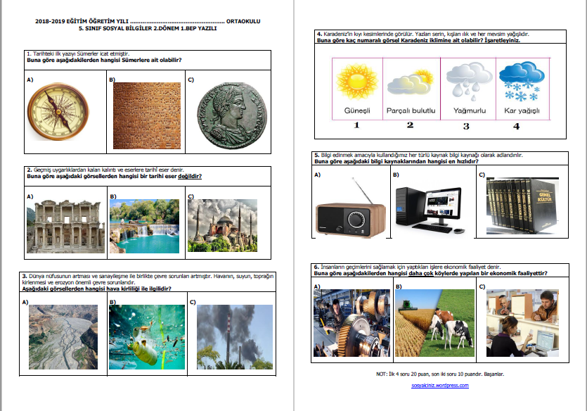 5. Sınıf Sosyal Bilgiler 2.Dönem 1. BEP Yazılı Sınavı