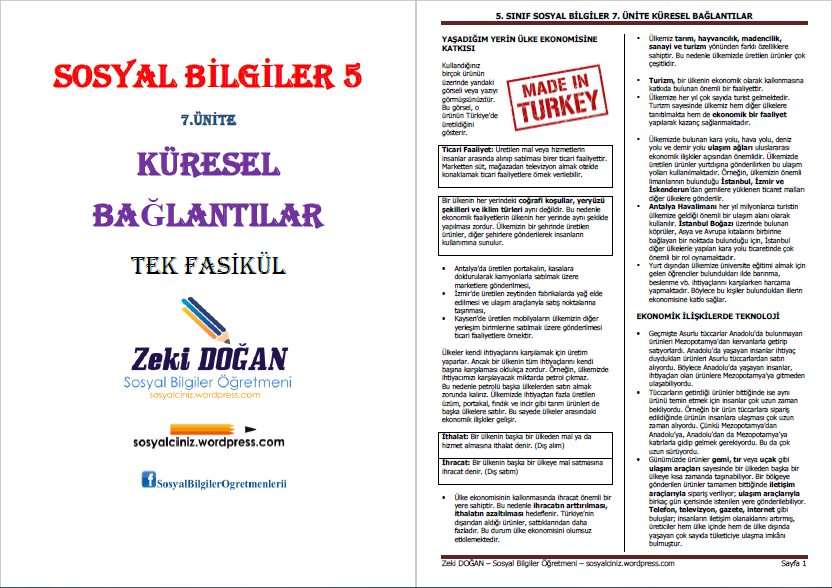 5.Sınıf Sosyal Bilgiler 7.Ünite Küresel Bağlantılar Tek Fasikül