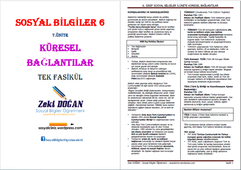 6.Sınıf Sosyal Bilgiler 7.Ünite Küresel Bağlantılar Tek Fasikül