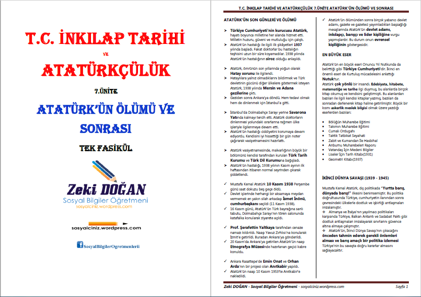 T.C. İnkılap Tarihi ve Atatürkçülük 7.Ünite Atatürk’ün Ölümü ve Sonrası Tek Fasikül