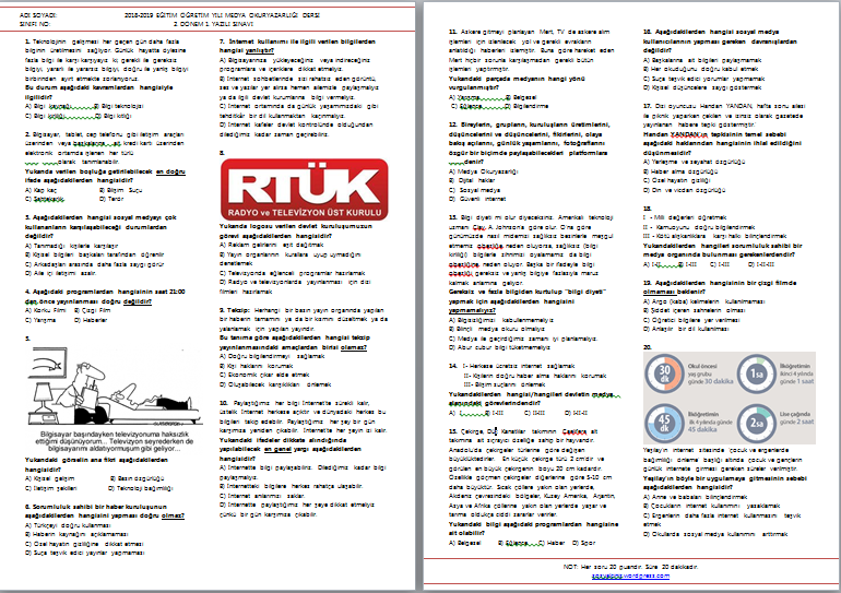 2018-2019 Medya Okuryazarlığı 2.Dönem 1.Yazılı Sınavı