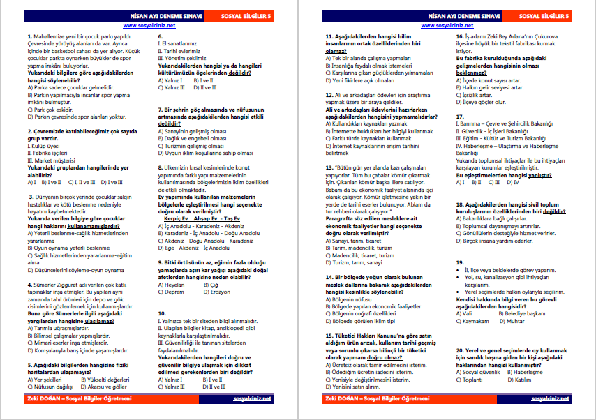 5.Sınıf Sosyal Bilgiler Deneme Sınavı