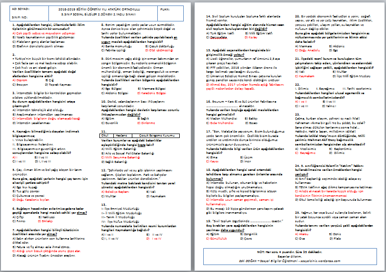 2018-2019 5.Sınıf Sosyal Bilgiler 2.Dönem 2.Yazılı