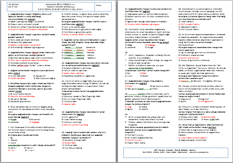 2018-2019 6.Sınıf Sosyal Bilgiler 2.Dönem 2.Yazılı