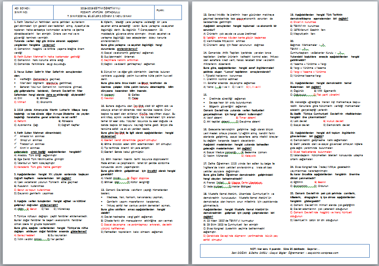 2018-2019 7.Sınıf Sosyal Bilgiler 2.Dönem 2.Yazılı