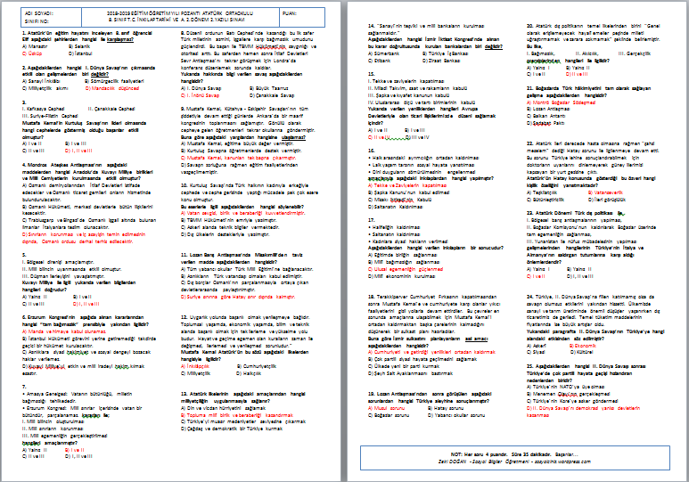 2018-2019 T.C. İnkılap Tarihi 2.Dönem 2.Yazılı