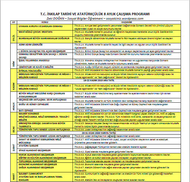 2019-2020 T.C. İnkılap Tarihi ve Atatürkçülük 8 Aylık Çalışma Takvimi