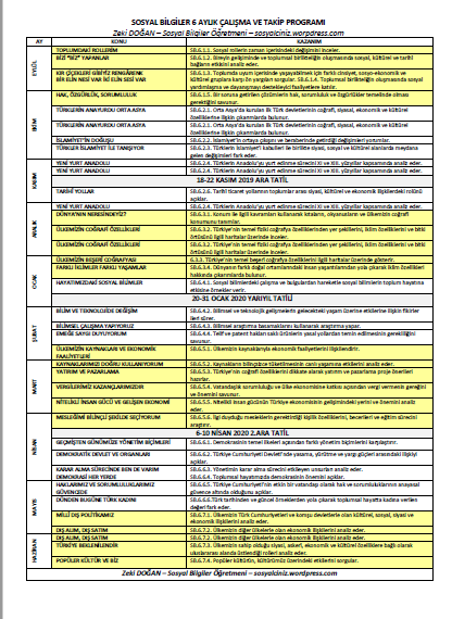 2019-2020 Sosyal Bilgiler 5 Aylık Çalışma Takvimi