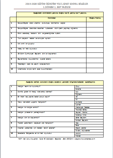 2019-2020 Sosyal Bilgiler 5-6-7.Sınıflar BEP 1.Dönem 1.Yazılı Sınavları