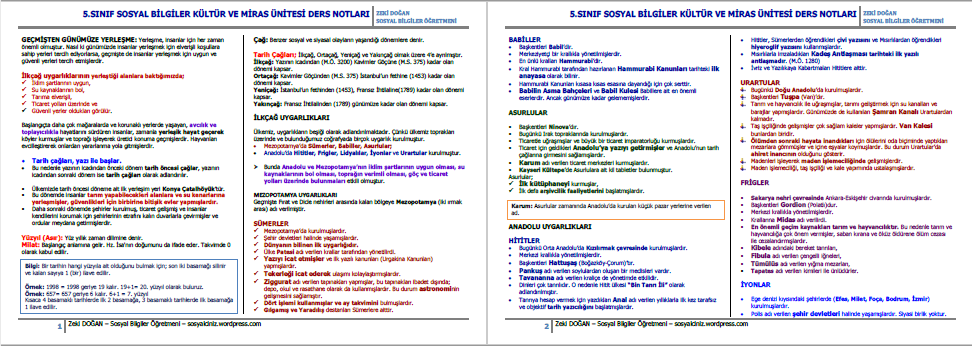5.Sınıf Sosyal Bilgiler Kültür ve Miras Ünitesi Ders Notları