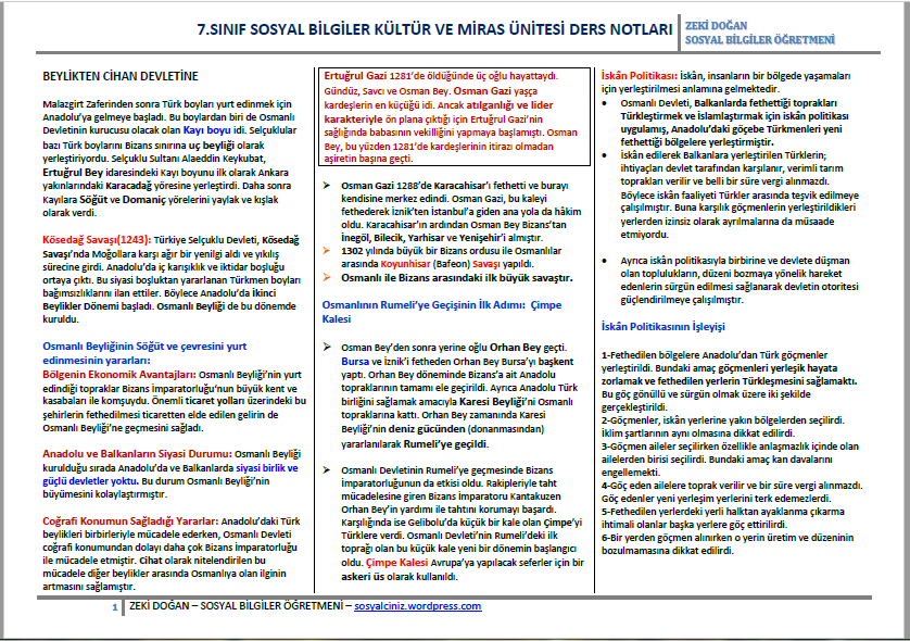 7. Sınıf Sosyal Bilgiler Kültür ve Miras Ünitesi Ders Notları