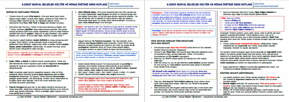 6.Sınıf Sosyal Bilgiler Kültür ve Miras Ünitesi Ders Notları