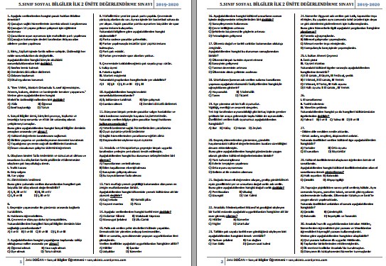 5.Sınıf Sosyal Bilgiler İlk 2 Ünite Değerlendirme Sınavı